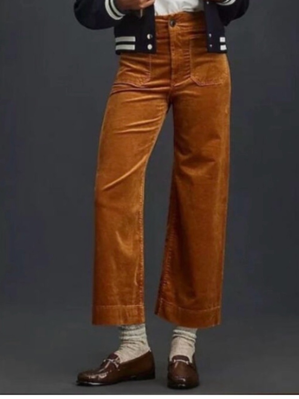Maeve Cropped Wide-Leg Corduroy Pants in Rust